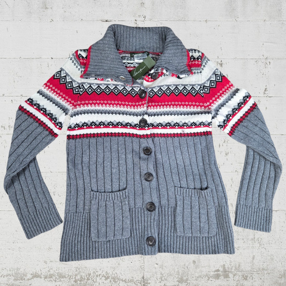 Eddie Bauer Gray Red Fair Isle Cowl Neck Button Up Cardigan Sweater Size Small - Picture 10 of 10